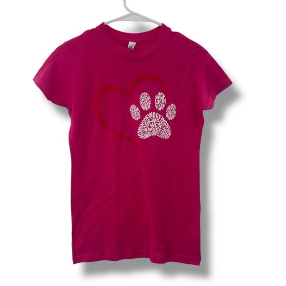 NEW Macy's LA Pop Art Hot Pink Dog Graphic Tee XS Word Art Paw Heart T-Shirt - Picture 1 of 7